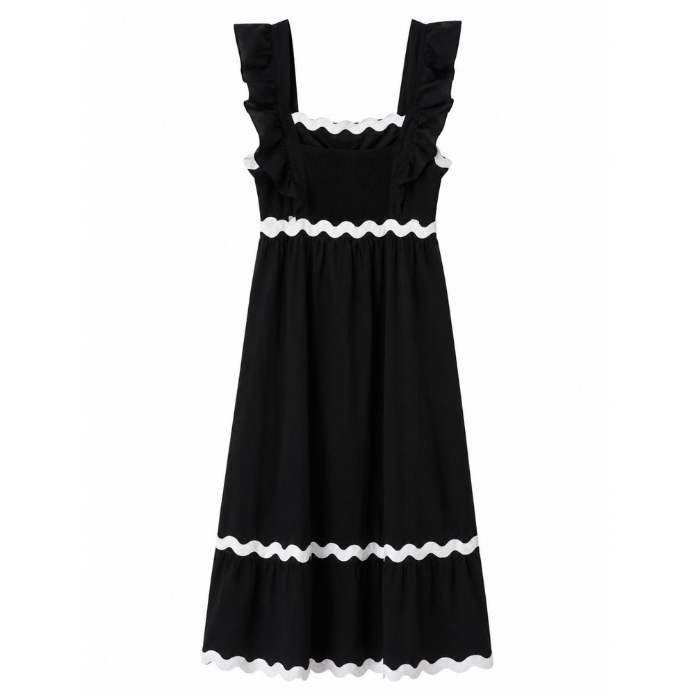 Zesica Women's Black White Ric Rac Ruffled Midi Dress Size Small